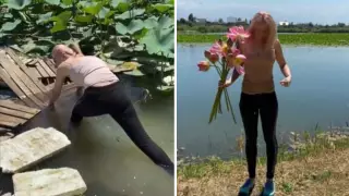 Алматинцы срывают редкие лотосы, цветущие на Первомайских прудах