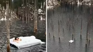 Девушка на матрасе посреди озера Каинды возмутила казахстанцев