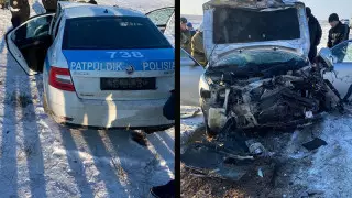 Регистратор патрульных записал смертельное для полицейского ДТП на трассе в Атырауской области