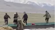 Погоня огромного медведя за людьми попала на видео