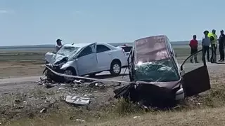 В лобовом ДТП пострадали 13 человек в Карагандинской области