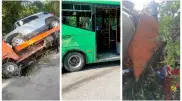 Эвакуатор с авто врезался в автобус и скорую помощь, а затем опрокинулся под Алматы